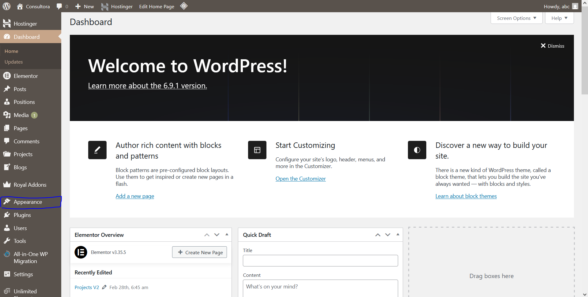 Appearance tab on wordpress dashboard