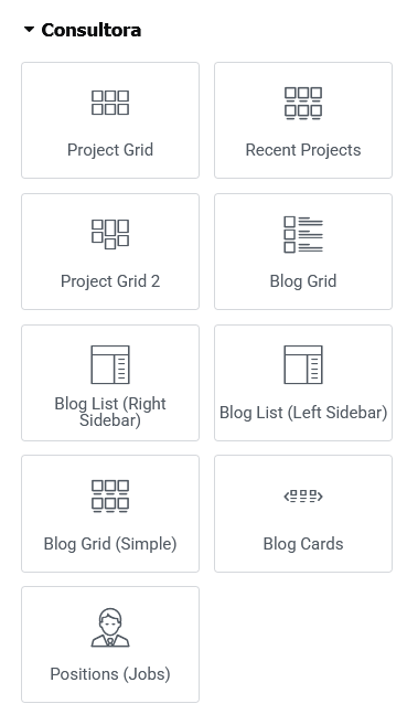 Custom Elementor widgets available in the Consultora theme