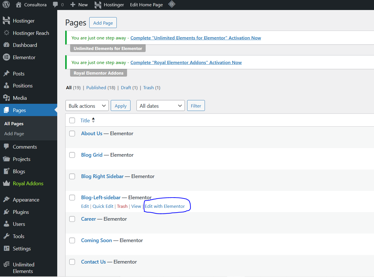 Editing page with elementor