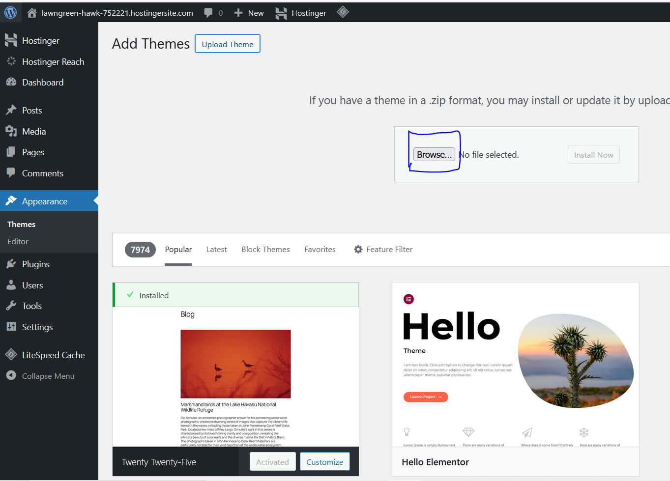 Browsing of the theme zip file in wordpress dashboard