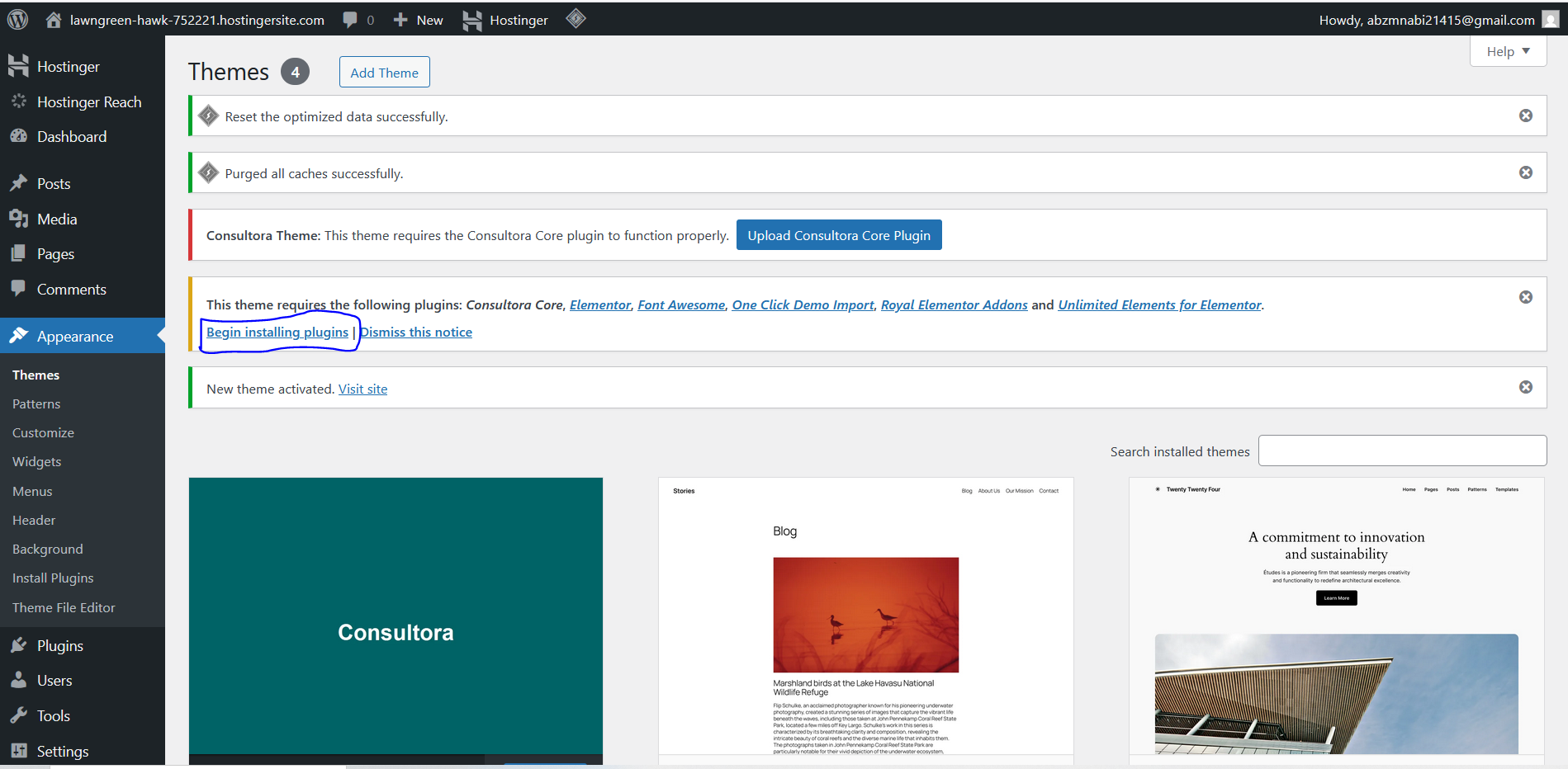 Begin installing plugins notice on wordpress dashboard